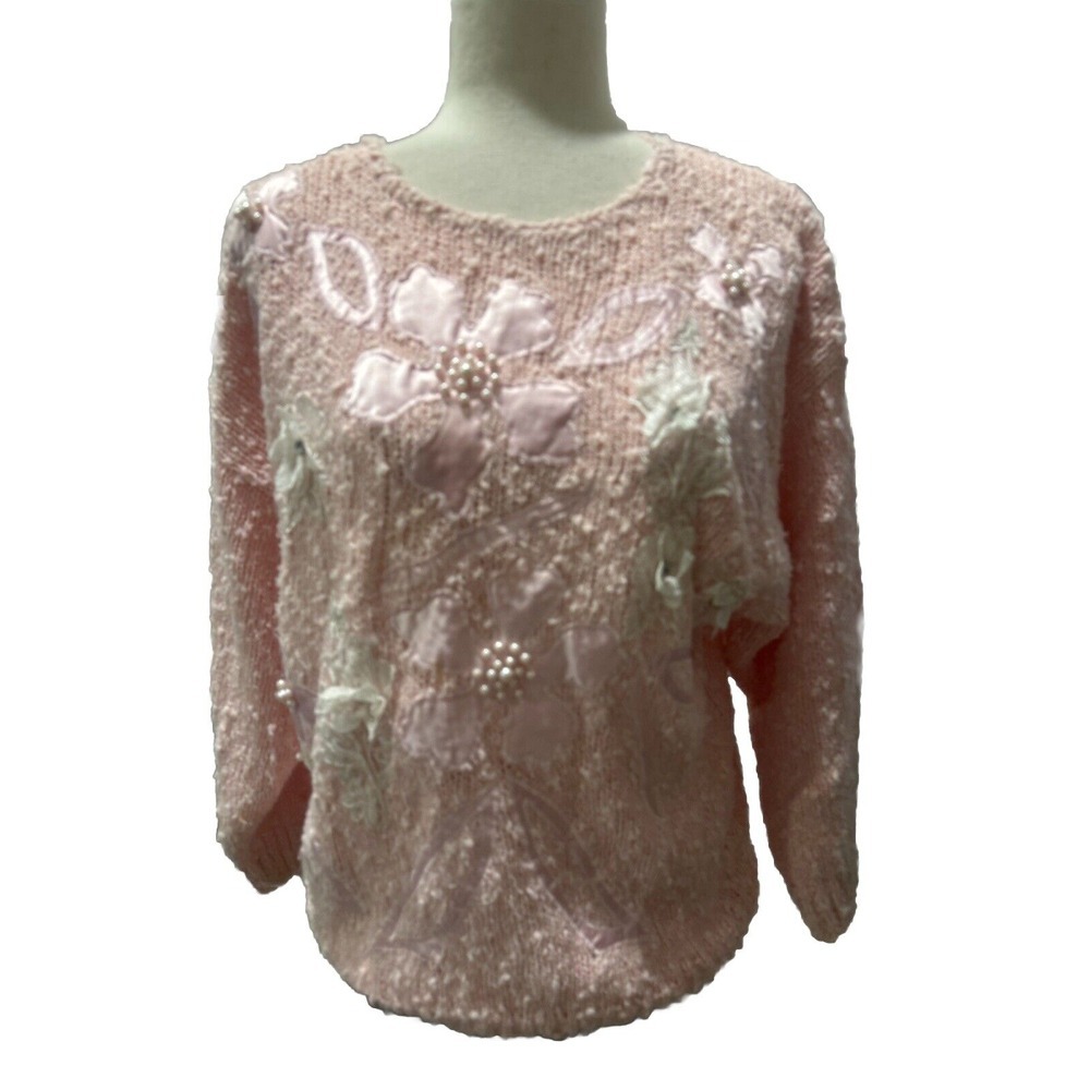 VTG Pink Nubby Chunky Slouchy Sweater Popcorn  Floral 80s Medium Cottagecore‎